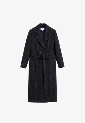 Abrigo de cuadros oscuros con cintura ceñida por un cinturón, solapa de muesca y dos botones. Fabricado en lana texturizada, con acentos en azul y marrón.
