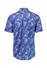 Camicia a maniche corte di colore blu con motivo floreale. Presenta un colletto classico e una spalla posteriore, realizzata in tessuto leggero.