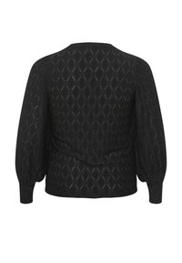 Pulover negru texturat cu un model în diamant, guler rotund și mâneci umflate cu un detaliu pliat pe spate.