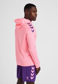 Felpa rosa con tasca frontale, dettagli a zigzag viola sulle maniche. Indossata con pantaloni corti viola coordinati con un logo. Materiale liscio.