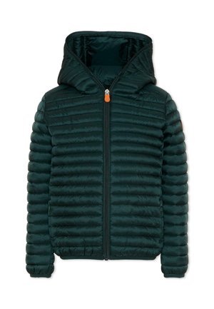 Veste matelassée vert foncé avec capuche, fermeture éclair intégrale à l’avant avec tirette orange et poignets élastiques.