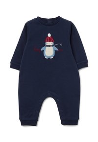 Monito de algodón azul marino con un diseño de pingüino que lleva un gorro y una bufanda rojos. Incluye cierres a presión en la parte inferior y puños acanalados.