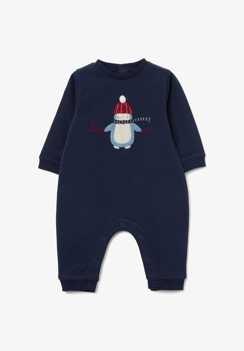 Monito de algodón azul marino con un diseño de pingüino que lleva un gorro y una bufanda rojos. Incluye cierres a presión en la parte inferior y puños acanalados.