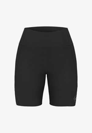 Schwarze Sportshorts aus flexiblem Stoff. Hoher Bund, schlankes Design und glatte Textur. Mit dezentem Logo an der Seite.