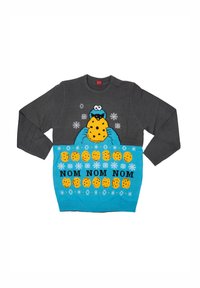 Maglione grigio con una grafica del Cookie Monster blu, biscotti e il testo "NOM NOM NOM". Motivi di fiocchi di neve decorano la parte superiore.