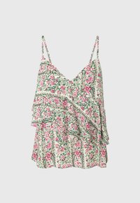Camiseta sin mangas con estampado floral y volante delantero, en tonos de rosa y verde sobre un fondo claro, con tirantes ajustables y escote en V.