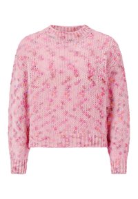 Pull en maille rose avec un col rond, présentant un motif moucheté dans différentes teintes de rose et de violet. Poignets et ourlet ajustés.