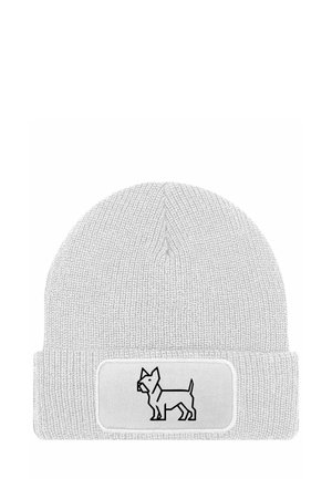 Gray knit beanie with a turned-up cuff featuring a stitched black dog graphic on a rectangular white patch. Soft texture, ribbed design.