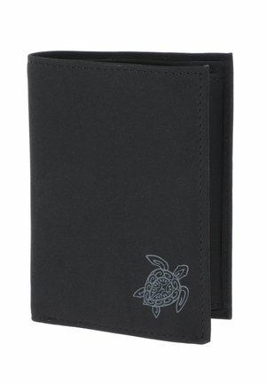 Black folded wallet with stitched edges and a small intricate turtle design in the bottom right corner.