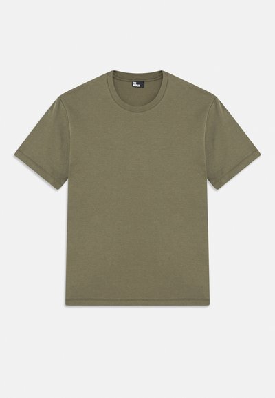 Oliven grøn bomulds t-shirt, korte ærmer, rund halsudskæring, lige snit, blød tekstur, ingen mønstre, minimalistisk design, mærke på indersiden af halsudskæringen.