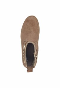 Bottine en suede marron, à bout rond, avec fermeture éclair sur le côté et une languette à l'arrière. Doublure intérieure douce et accents matériels minimalistes.