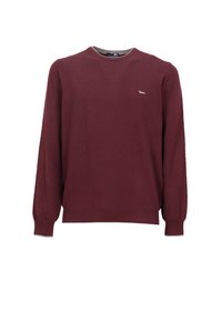 Maglione in maglia bordeaux con maniche lunghe, colletto rotondo, polsini e orlo a coste. Presenta un piccolo logo bianco sul petto. Texture morbida.