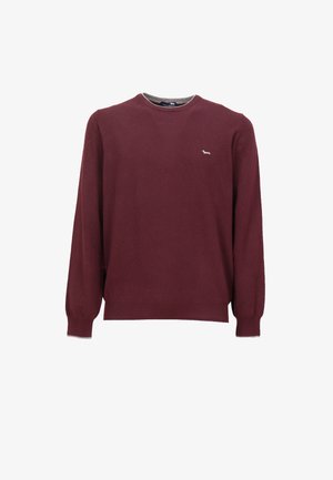 Burgundska pletena jopica z dolgimi rokavi, okroglo ovratnico, rebrastimi manšetami in obrobom. Ima majhen bel logotip na prsih. Mehka tekstura.