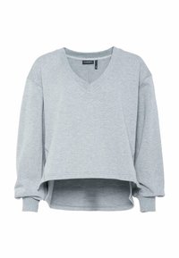 Felpa accorciata grigia chiara con scollo a V e design con spalle scese. Tessuto morbido con polsini e orlo a coste, caratterizzata da spacchi laterali.
