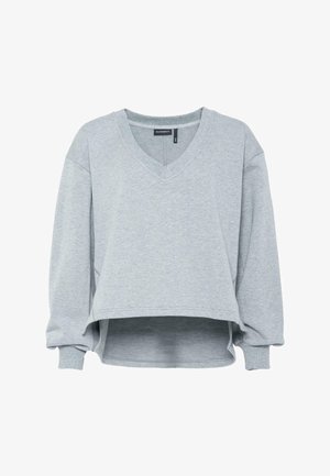 Heledad hallhall, heledad sweatshirt V-kaelusega ja langetatud õlgade kujundusega. Pehme tekstuur, ribaga mansetid ja alla, külge lõhedega.