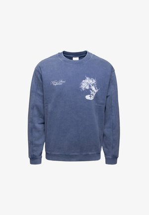 Sudadera azul de mangas largas, con cuello redondo y un diseño gráfico en blanco de un gramófono y texto en la parte frontal. Tejido suave.