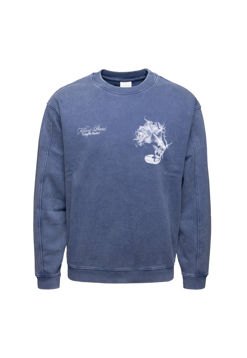 Blue sweatshirt with long sleeves, featuring a crew neckline and a white graphic design of a gramophone and text on the front. Soft fabric.
