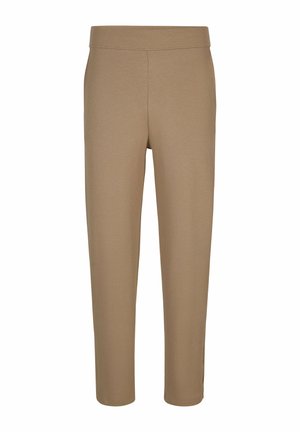 Beige gerippte Strickhose mit geradem Bein und elastischem Bund, entworfen für die Freizeit.