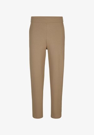 Beige gerippte Strickhose mit geradem Bein und elastischem Bund, entworfen für die Freizeit.