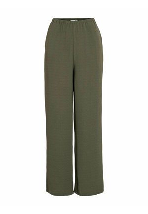 Pantalons larges vert olive avec taille élastique, en tissu texturé, présentant une coupe décontractée et droite.