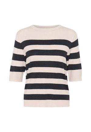 Gebreide pullover met een ronde hals, voorzien van afwisselende beige en marineblauwe horizontale strepen, en korte mouwen. Zachte textuur.