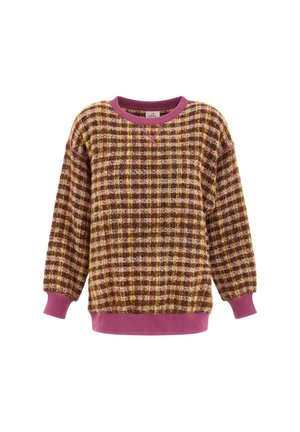 Le pull présente un motif à carreaux multicolores dans des tons de marron, jaune et rose. Il a un col rond, des manches longues et des poignets côtelés.