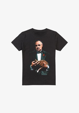 Schwarzes Baumwoll-T-Shirt mit einem Frontmotiv eines Mannes im Smoking, der eine orangefarbene Hauskatze hält, mit dem Aufdruck "Der Pate" darunter.