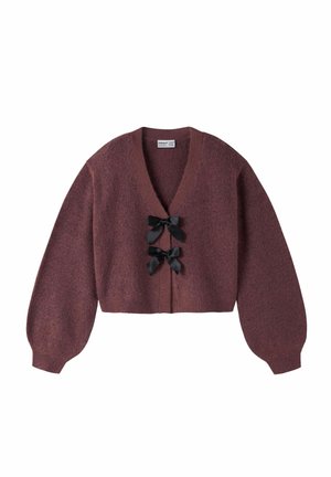 Cardigan court bordeaux doux avec manches longues ballon et deux nœuds en satin noir au centre devant.