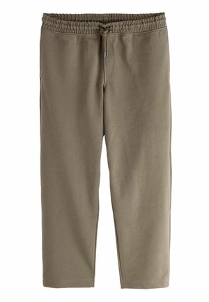 Khaki sweatpants with an elastic waistband and drawstring, featuring straight legs and two side pockets. Soft, textured fabric.