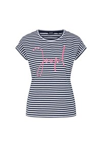 Marineblauwe en witte gestreepte T-shirt met korte mouwen, met een roze geborduurd "Joop!" logo op de borst. Lichtgewicht katoen.
