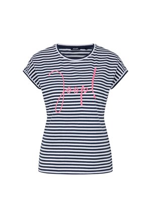 Gestreiftes T-Shirt in Marineblau und Weiß mit kurzen Ärmeln, das ein pink gesticktes "Joop!"-Logo auf der Brust trägt. Leichter Baumwollstoff.