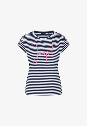 Gestreiftes T-Shirt in Marineblau und Weiß mit kurzen Ärmeln, das ein pink gesticktes "Joop!"-Logo auf der Brust trägt. Leichter Baumwollstoff.