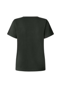 Camiseta de manga corta verde oscuro con cuello redondo y corte recto. Fabricada en algodón, presenta una textura suave y un diseño sencillo.