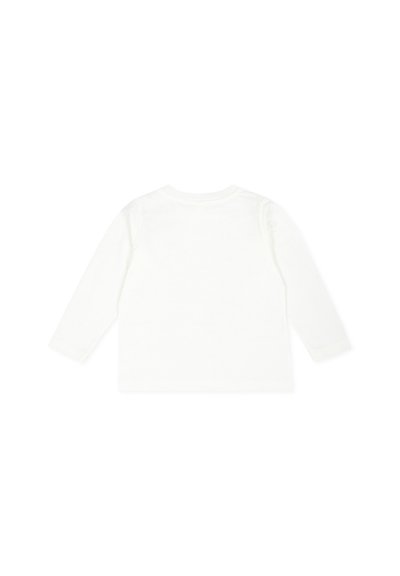 Maglietta a maniche lunghe in cotone bianco con scollatura rotonda e senza grafiche o motivi visibili sul retro. Texture liscia.