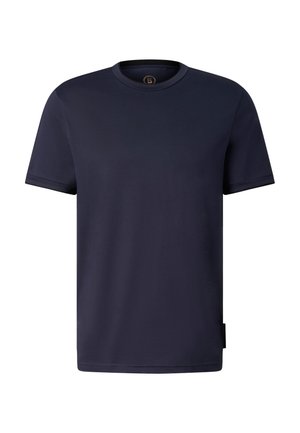 T-shirt uni bleu marine à manches courtes et col rond, tissu lisse, avec un logo discret sur la manche gauche et une étiquette sur la couture latérale inférieure.