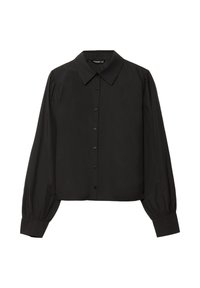 Camicia nera cropped con bottoni, colletto a punta, maniche lunghe a sbuffo e una texture liscia, con piccoli bottoni lungo la parte frontale.