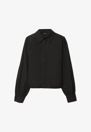 Sort cropped skjorte med knaplukning og spids krave, lange puffede ærmer og en glat tekstur, med små knapper ned ad fronten.