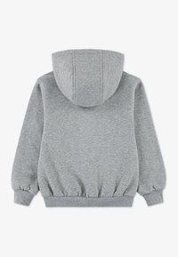 Grå hettegenser med glatt tekstur, elastiske mansjetter og linning, med rund hette og sydd søm på baksiden.