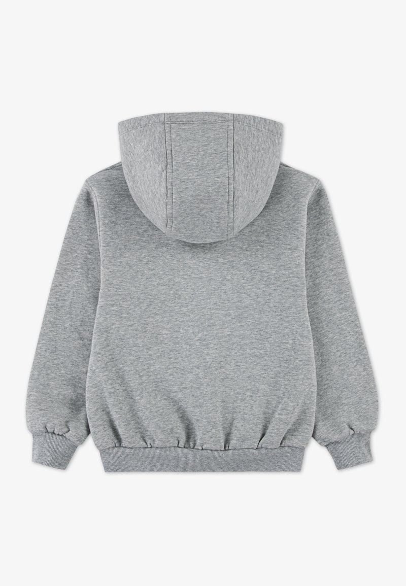 Hanorac gri cu glugă, textură netedă, manșete și talie elastice, cu glugă rotundă și cusături tivite la spate.