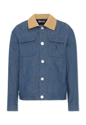 Blauwe spijkerjas met beige kraag, drukknoopsluiting aan de voorkant, twee borstzakken met klep en een discreet logo geborduurd op de linkerzak.