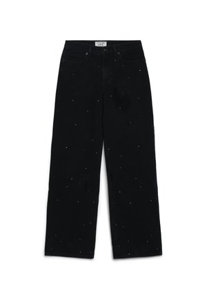 Jeans neri a gamba dritta con piccoli schizzi di vernice bianca e chiusura frontale con bottoni.