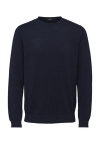Pull en maille bleu marine avec manches longues, encolure ronde, poignets et ourlet côtelés. Fabriqué dans un matériau doux, avec une texture lisse.