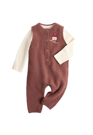 Wit rompertje met lange mouwen onder een bruine, getextureerde mouwloze romper met knopen en een kleine huisborduursel met de tekst "Home Sweet Home."
