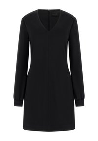 Schwarzes Kleid mit langen, gepufften Ärmeln und V-Ausschnitt. Hergestellt aus glattem Material, mit einem Reißverschluss auf der Rückseite und einer geraden Silhouette.