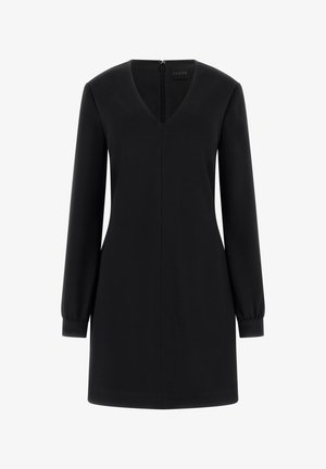 Czarna sukienka z długimi, bufkami i dekoltem w serek. Wykonana z gładkiego materiału, z tylnym zamkiem i prostą sylwetką.