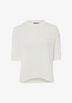 Biały krótki sweter z grubym splotem, okrągłym dekoltem oraz nieco dłuższym tylnym brzegiem, o fakturze z miękkiej, grubej przędzy.