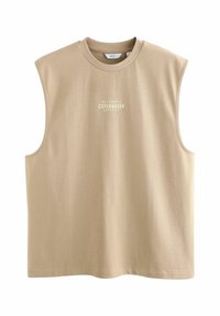 Débardeur beige sans manches en coton doux avec un col rond, présentant le logo "COPENHAGUE" en lettres claires sur le devant. Design simple et décontracté.
