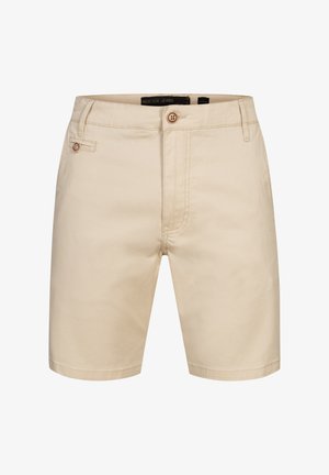 Pantalones cortos color caqui hechos de algodón con cierre de botón, con un diseño plano en la parte delantera, bolsillos laterales y detalles de costura sutiles.