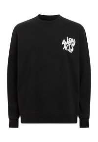 Black sweatshirt made of cotton blend, featuring a round neckline, long sleeves, and a white distorted logo on the left chest.