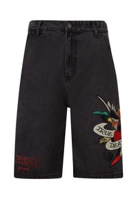 Shorts in denim nero con una vestibilità rilassata, caratterizzati da un design ricamato colorato di un uccello e un banner con la scritta "VERA MORTE" sul lato.
